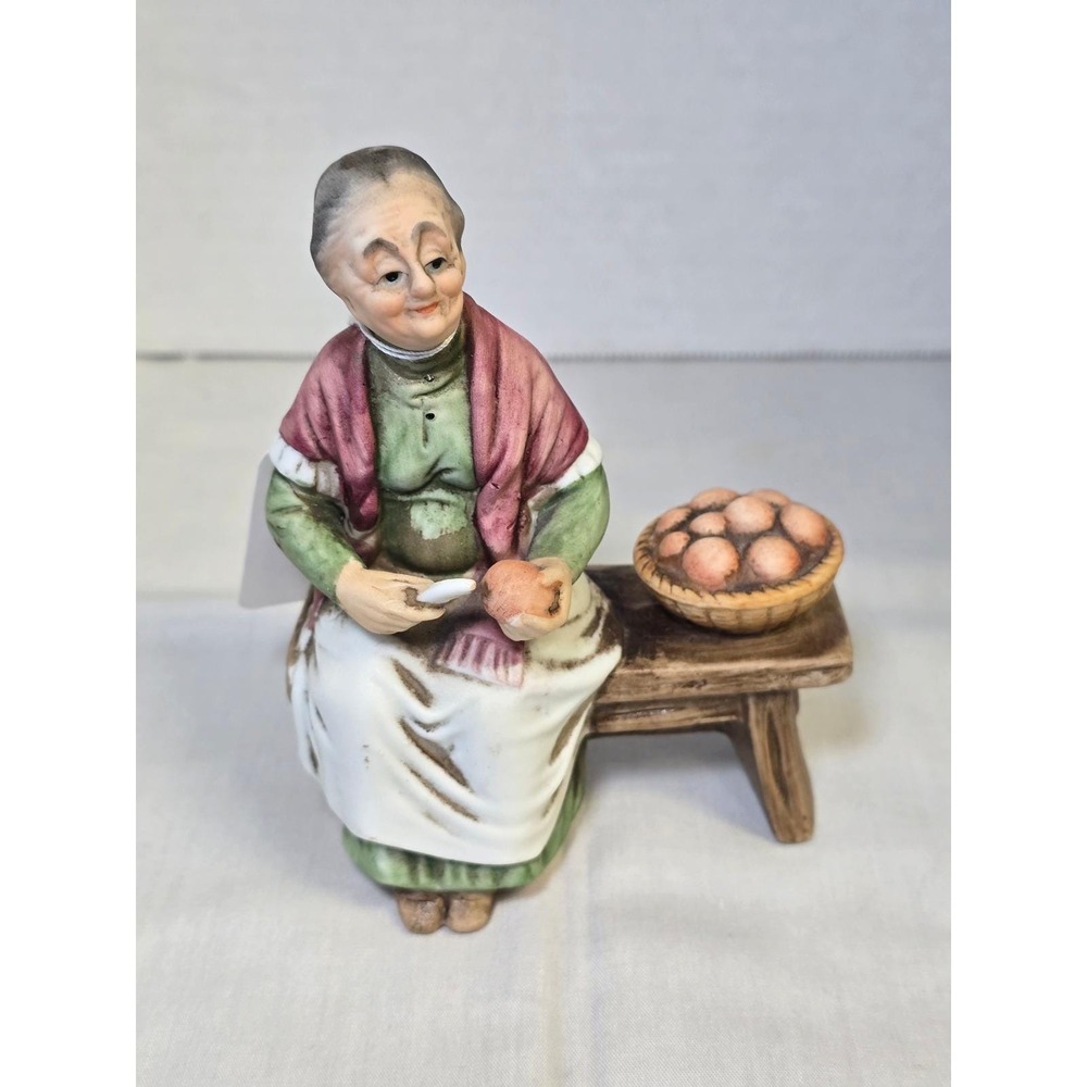 Vintage Grandma Pealing With Basket Porcelain Figurine Hand Paintedโ Taiwan